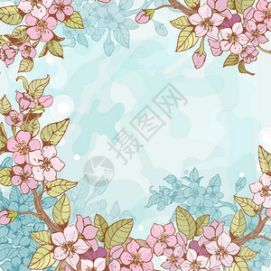 盛开的樱花树树枝框架图案与蓝色的花背景矢量插图上图片
