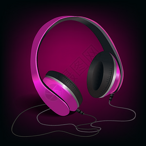 粉红色音乐耳机与电线紫色背景海报矢量插图图片