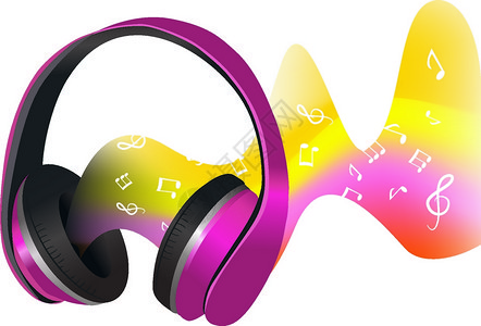耳机与彩色装饰抽象声波与音乐标志打印矢量插图图片