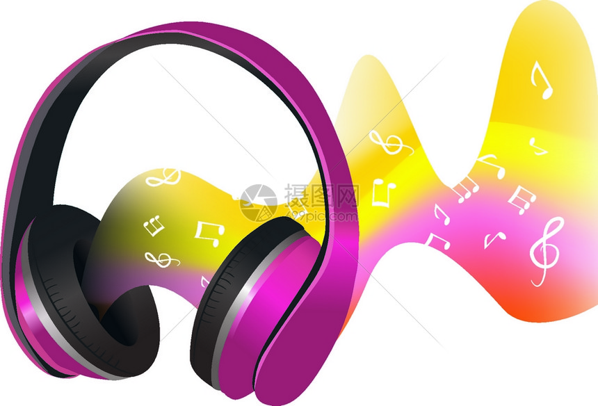 耳机与彩色装饰抽象声波与音乐标志打印矢量插图图片