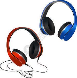 红色蓝色音乐耳机与电线无线装饰元素矢量插图图片