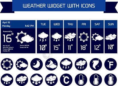 天气详细预报计算机移动业务小部件与垂直暗图标收集白色孤立矢量插图图片