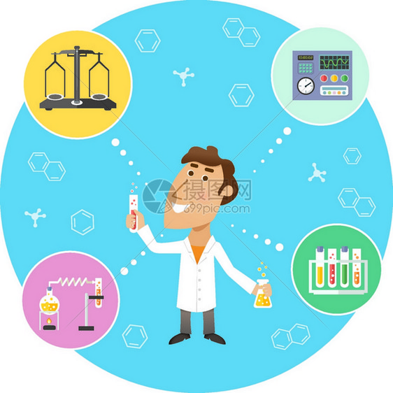 科学家化学家实验室与鳞片瓶分子结构符号的背景矢量插图图片