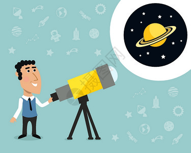 卡通男天文学家观察木星望远镜打印与元素背景矢量插图图片
