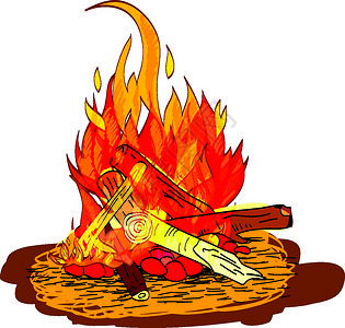 营地火焰燃烧与壁炉木材石头素描孤立标志矢量插图图片
