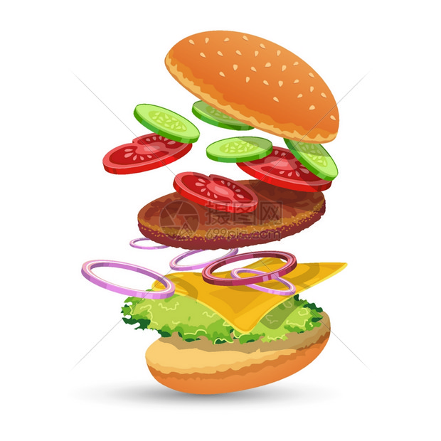 汉堡包配料食品套包,黄瓜,西红柿,肉,洋葱,奶酪,生菜,章,矢量插图图片