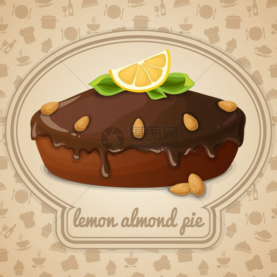 柠檬杏仁派甜点与巧克力糖浆标志食品烹饪图标的背景矢量插图图片