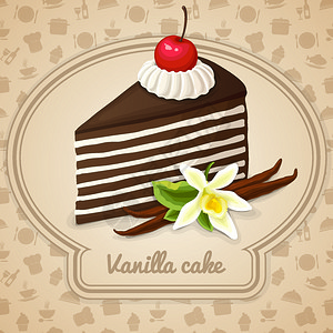 香草分层蛋糕甜点与巧克力奶油樱桃食品烹饪图标背景矢量插图图片