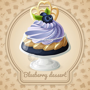 蓝莓甜点与奶油糖浆章食品烹饪图标背景矢量插图图片