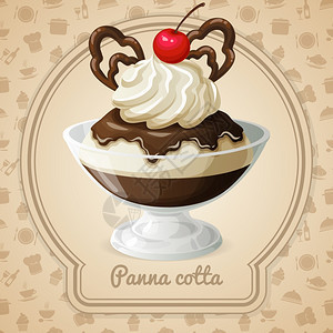 背景矢量插图上带巧克力糖浆樱桃标志食品烹饪图标的PANACotta甜点图片