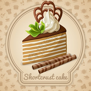 背景矢量插图上的短托蛋糕甜点标签食品烹饪图标图片