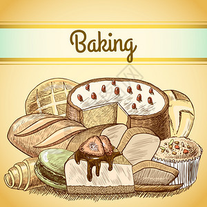 烘焙糕点分类蛋糕马卡龙包包卷食品背景模板矢量插图图片