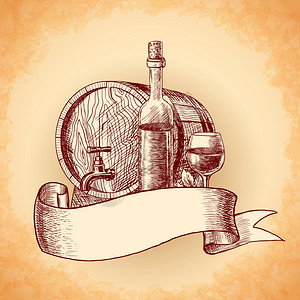 葡萄酒复古素描装饰手绘背景与桶瓶璃矢量插图图片