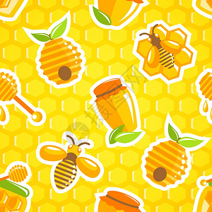 装饰蜂蜜食品罐蜂窝蜂北斗七星与蜂窝背景无缝图案矢量插图图片