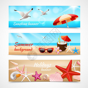 暑假海滩标签与海鸥鸡尾酒贝壳矢量插图图片