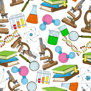 科学教育素描无缝壁纸与原子结构瓶实验室设备矢量插图图片