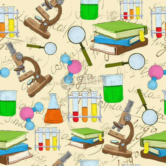 科学教育素描无缝背景与书籍方程百叶窗矢量插图图片