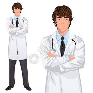 轻英俊的男医生助理站白色实验室外套与听诊器,手臂交叉矢量插图图片