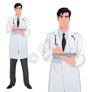 医学专业英俊的轻医生助理站白色实验室外套与触摸屏平板电脑矢量插图图片