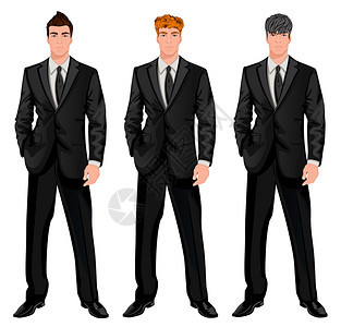 三位轻英俊的商人,时尚的发型,红色,深棕色栗色头发的男人矢量插图图片