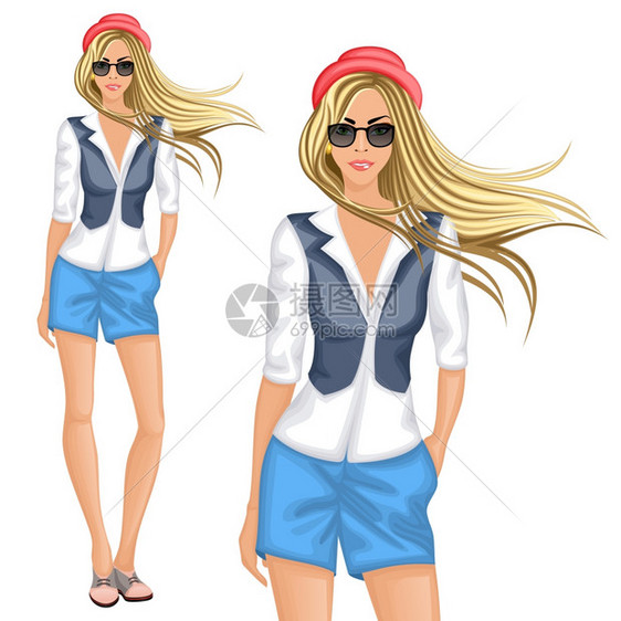 金发时髦的女女孩角色穿着化学短裤背心帽子太阳镜矢量插图图片