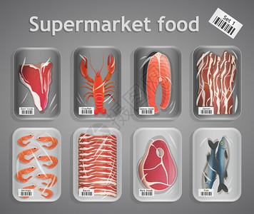 冷冻新鲜鱼类肉类超市食品包装装饰元素矢量插图背景图片