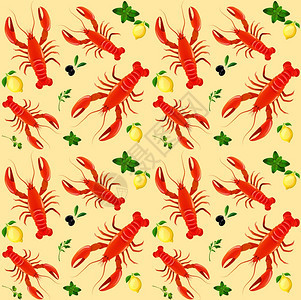龙虾海鲜薄荷欧芹柠檬橄榄无缝图案矢量插图图片