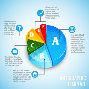 彩色抽象三维饼图网页信息图表元素与互联网图标矢量插图图片