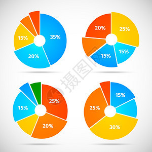 彩色平饼图集模板与孤立扇区矢量插图图片
