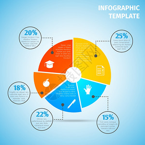 彩色抽象平饼图教育信息图元素与扇区标签矢量插图背景图片