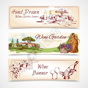 手绘葡萄酒花园横幅葡萄房瓶元素孤立矢量插图图片