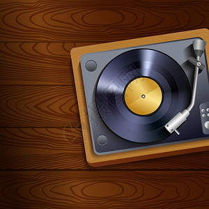 复古乙烯基唱片播放器木桌背景海报矢量插图图片