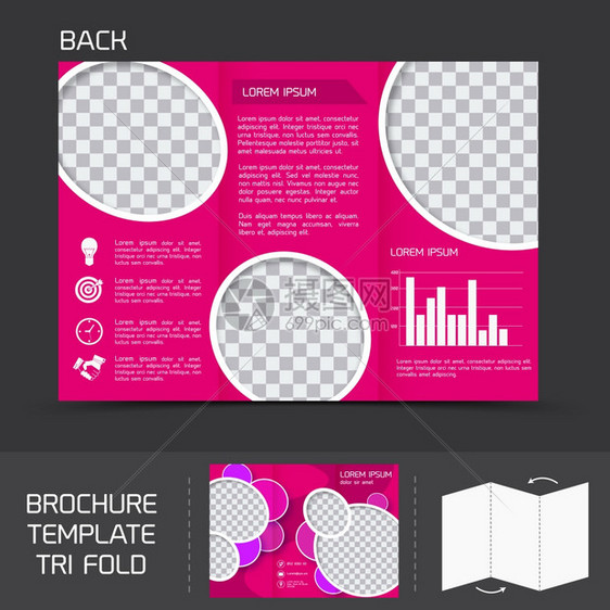 粉红商务纸小册子传单三折背模板与图表矢量插图图片