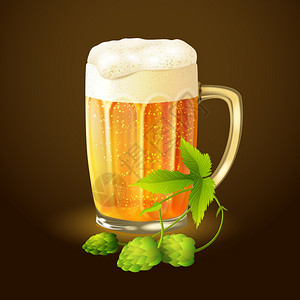 冷金啤酒冷杯与泡沫啤酒花背景矢量插图图片