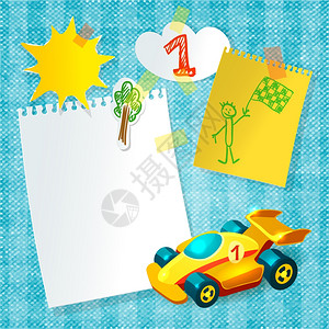 玩具赛车儿童明信片模板与纸贴矢量插图图片