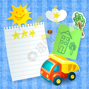 玩具卡车儿童明信片模板与笔记本纸贴纸矢量插图图片