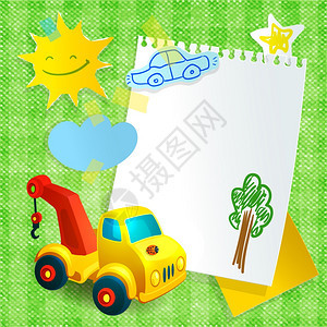 玩具建筑机明信片模板与汽车微笑太阳贴纸矢量插图图片
