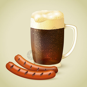 璃杯冷黑波特粗壮啤酒与泡沫烤肠标志矢量插图图片