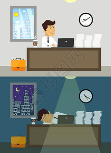 商务生活工作狂工作人员办公室白天夜间场景矢量插图图片