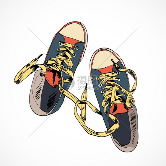 彩色时髦的胶鞋时尚运动鞋隔离白色背景矢量插图图片