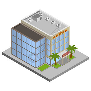 现代三维城市酒店建筑与棕榈等距孤立矢量插图图片