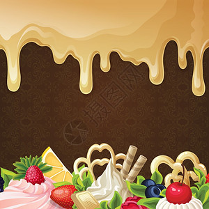 糖果甜点背景与焦糖糖浆浆果奶油装饰矢量插图图片