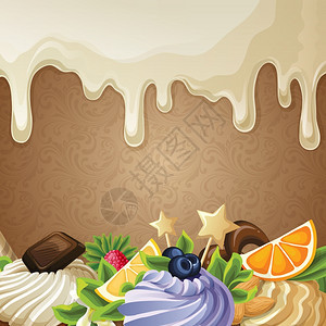 糖果甜点背景与白色巧克力糖浆坚果奶油装饰矢量插图图片