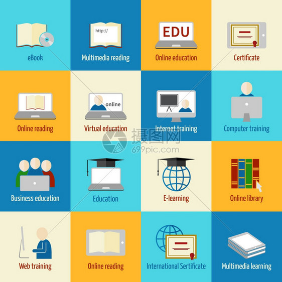 线教育图标集电子书多媒体阅读证书互联网培训孤立矢量插图图片