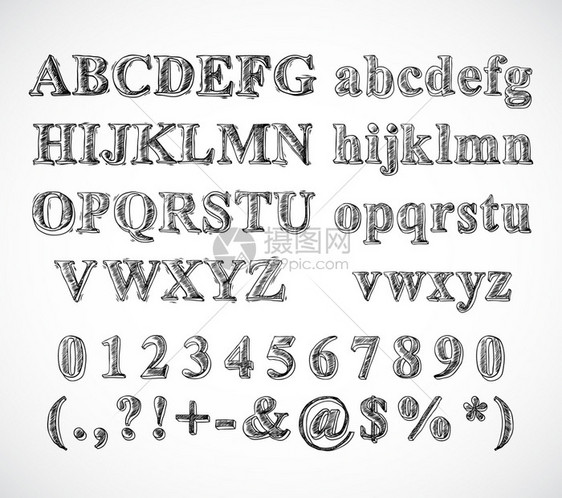素描手绘字母黑白字体字母数字符号孤立矢量插图图片