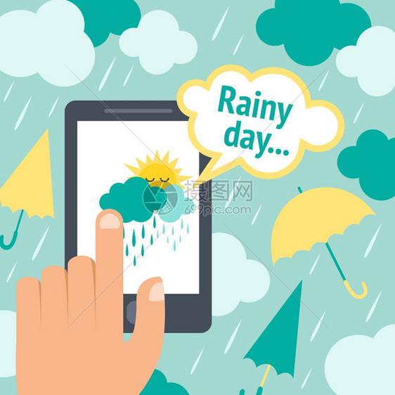天气预报雨天智能手机海报与云伞矢量插图图片