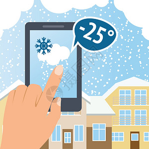 天气预报雪智能手机海报与冬季城镇背景矢量插图图片