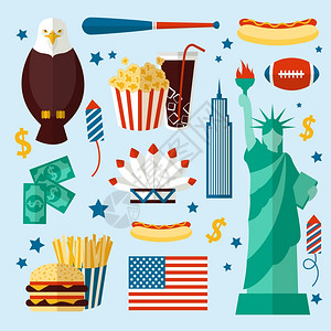 美国象征纽约美国自由女神像摩天大楼快餐孤立矢量插图插画