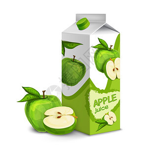 果汁纸箱包装3D与整体切割苹果分离矢量插图图片