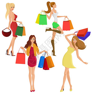 购物女孩轻感女人物与销售时尚包孤立矢量插图图片